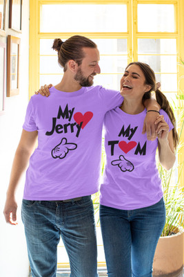 vfesta Graphic Print Couple Round Neck Purple T-Shirt