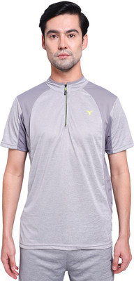 TECHNOSPORT Solid Men Mandarin Collar Grey T-Shirt