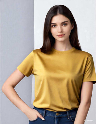 HouseOfCommon Self Design Women Round Neck Yellow T-Shirt