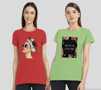 CHOZI Printed Women Round Neck Red, Dark Green T-Shirt