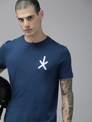 Roadster Printed Men Round Neck Navy Blue T-Shirt
