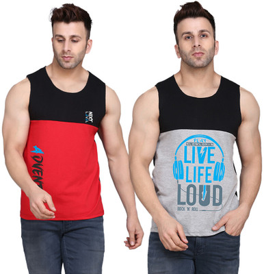 SLOWLORIS Printed Men Round Neck Black, Grey, Red T-Shirt