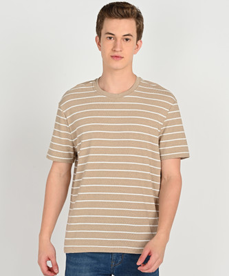defacto Striped Men Round Neck Beige T-Shirt