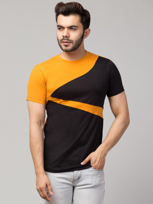 Clothy Trend Colorblock Men Round Neck Yellow T-Shirt