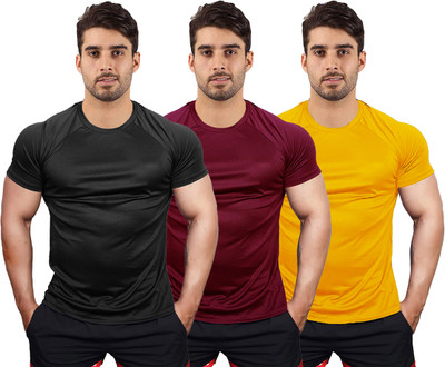 UDI n ADI Solid Men Round Neck Black, Maroon, Yellow T-Shirt