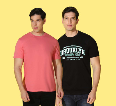WOOSTRO Solid Men Round Neck Pink, Black T-Shirt