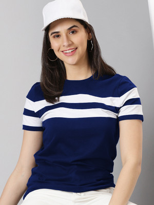 AUSK Striped Women Round Neck Blue T-Shirt