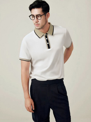 Wisetie Solid, Striped Men Polo Neck White T-Shirt