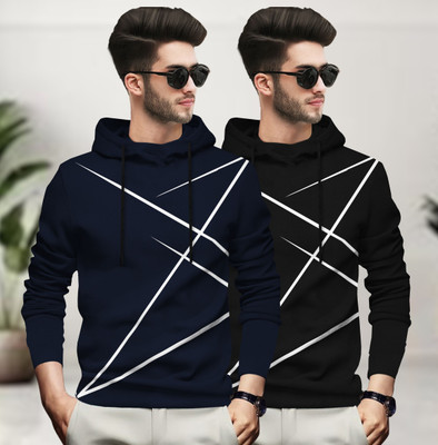 BLIVE Printed Men Hooded Neck Navy Blue, Black T-Shirt