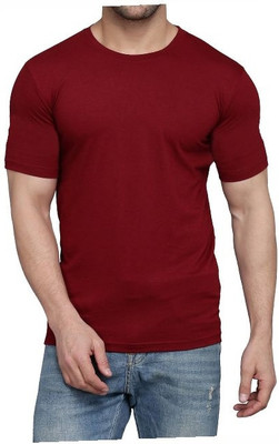 WOOSTRO Solid Men Round Neck Maroon T-Shirt