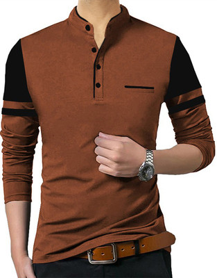 TRIPR Solid Men Mandarin Collar Brown, Black T-Shirt
