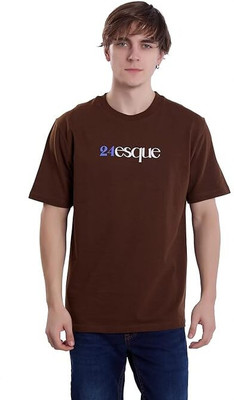 24esque Typography Men Round Neck Brown T-Shirt