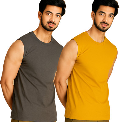 Moordale Solid Men Round Neck Grey, Yellow T-Shirt