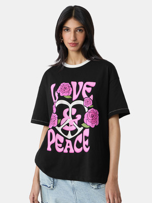 The Souled Store Printed Women Round Neck Black T-Shirt