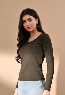 Lyublyu Solid Women Round Neck Green T-Shirt