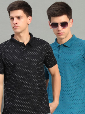 THE CASUALS Printed Men Polo Neck Blue, Black T-Shirt