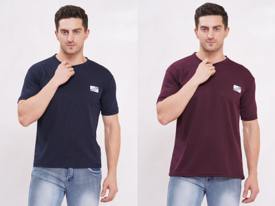 Pavis Solid Men Round Neck Navy Blue, Maroon T-Shirt