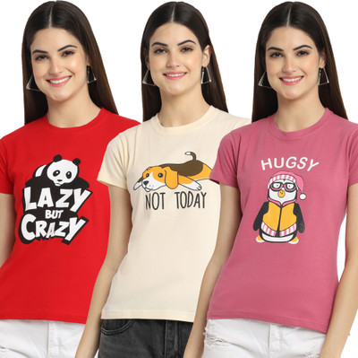 Fabflee Printed Women Round Neck Multicolor T-Shirt