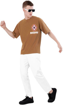 french crown Printed, Typography Men Round Neck Brown T-Shirt