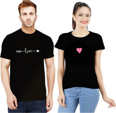 Uniplanet Store Printed Couple Round Neck Black T-Shirt