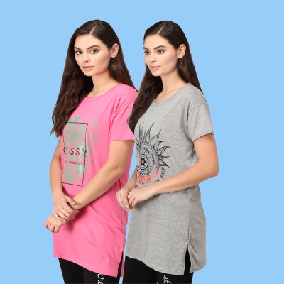 HEMLOCK Printed Women Round Neck Pink, Grey T-Shirt