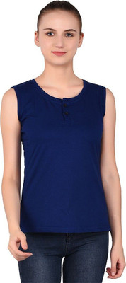 GEUM Solid Women Henley Neck Blue T-Shirt
