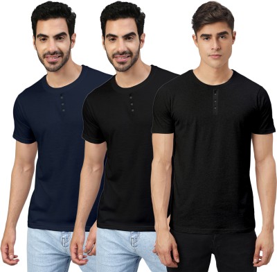 FTX Solid Men Round Neck Navy Blue, Black T-Shirt