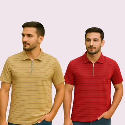 METRONAUT Striped Men Polo Neck Yellow, Red T-Shirt