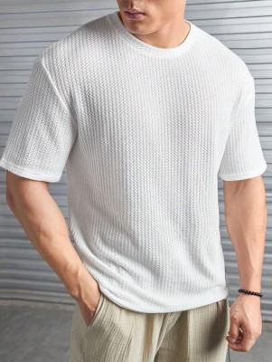 FN3 Self Design Men Round Neck White T-Shirt