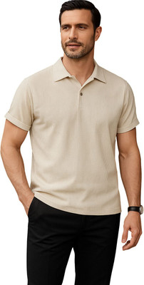 JexPuti Solid Men Polo Neck Beige T-Shirt