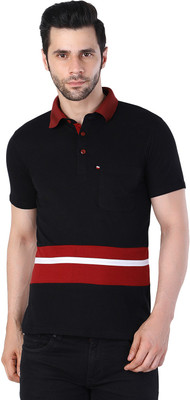 WILDIUM Striped Men Polo Neck Black T-Shirt