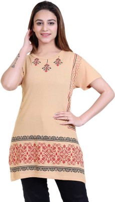 U & S Fashion Printed Women Round Neck Beige T-Shirt