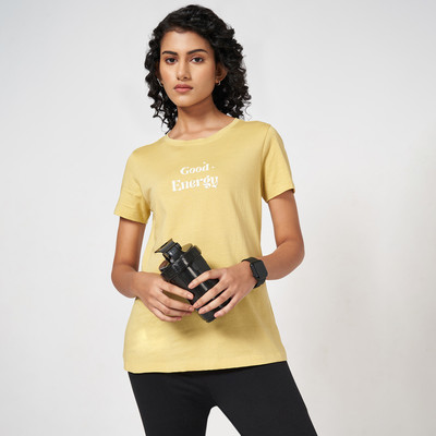 Ajile By Pantaloons Typography Women Round Neck Brown T-Shirt