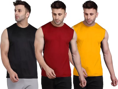 Think Tech Solid Men Round Neck Black, Maroon, Yellow T-Shirt