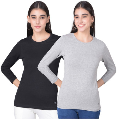 Comfort Lady Solid Women Round Neck Black, Grey T-Shirt