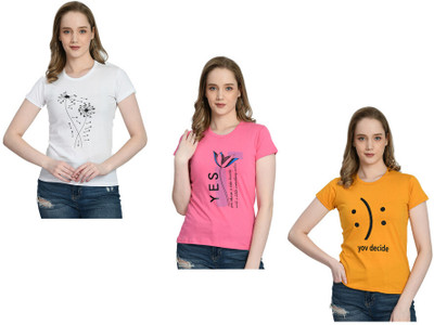 IndiWeaves Printed Women Round Neck White, Pink, Yellow T-Shirt