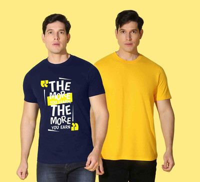WOOSTRO Printed Men Round Neck Dark Blue, Yellow T-Shirt