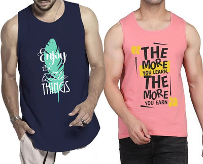 WOOSTRO Printed Men Scoop Neck Navy Blue, Pink T-Shirt