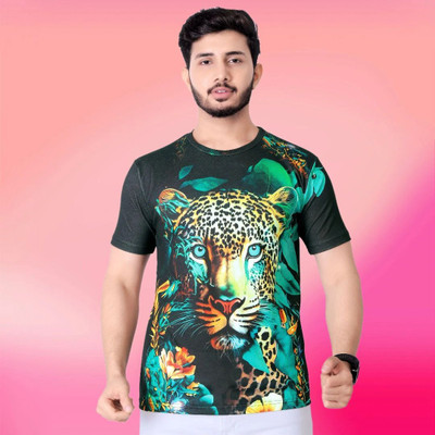 UD FABRIC Animal Print Men Round Neck Green T-Shirt