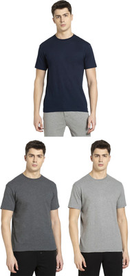 JOCKEY Solid Men Round Neck Grey, Dark Blue T-Shirt