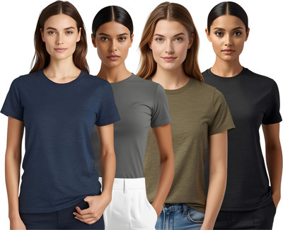 SHARXTRENDS Solid Women Round Neck Navy Blue, Black, Grey, Green T-Shirt