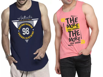 WOOSTRO Printed Men Round Neck Dark Blue, Pink T-Shirt