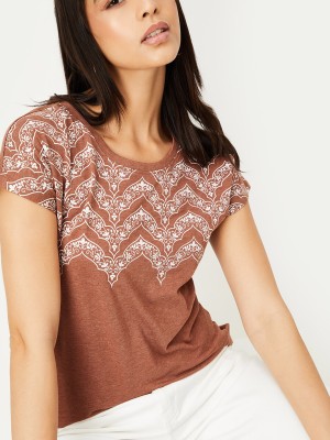 MAX Self Design Women Round Neck Brown T-Shirt