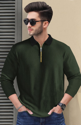 TRIPR Self Design Men Polo Neck Dark Green, Black T-Shirt
