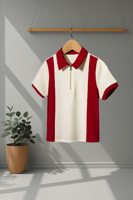 NB NICKY BOY Colorblock Men Zip Neck White, Red T-Shirt