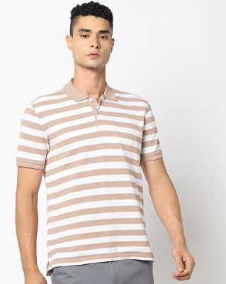 catbunny Striped Men Polo Neck Pink, White T-Shirt