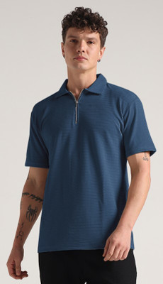 INDICLUB Self Design Men Polo Neck Blue T-Shirt