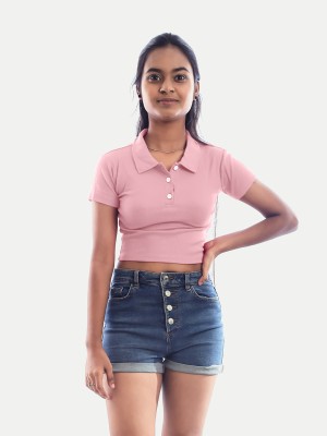 radprix Self Design Women Polo Neck Pink T-Shirt