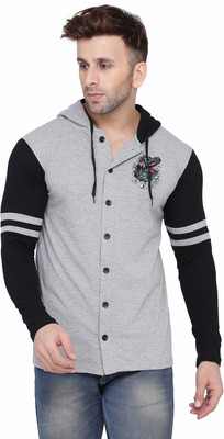 Money Leaf Solid Men Hooded Neck Grey, Black T-Shirt