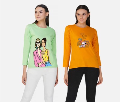 LeeBurg Printed Women Round Neck Yellow, Light Green T-Shirt